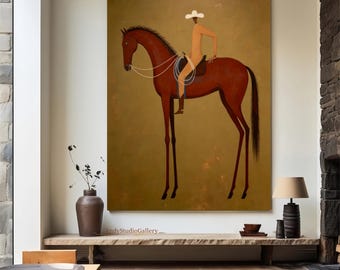 Large Brown Abstract Horse Rider Canvas Art Minimalist Equestrian Wall Decor