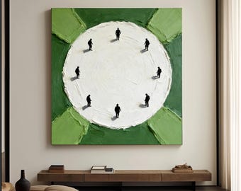 Minimalist Green Original Painting Modern White Circular Art Abstract Figure Wall Decor