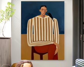 Original Abstract Vintage Woman Portrait Painting, Modern Brown Minimalist Boho Wall Decor