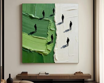 Textured Impasto Painting Green and White Minimalist Art, Canvas Wall Decor
