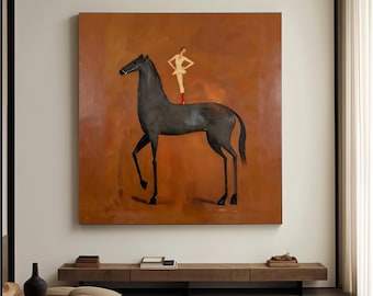 Brown Abstract Horse Dancer Figure Painting Vintage Equestrian Wall Art Neutral Home Decor Large Brown Minimalist Canvas Art Gift