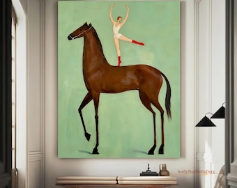 Brown Abstract Horse Dancer Figure Painting Vintage Equestrian Wall Art Large Green Minimalist Canvas Painting for Lounge Neutral Home Decor