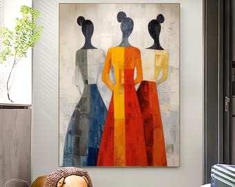 Large Dancing Three Women Oil Painting Yellow Dress Abstract Figure Canvas Textured Expressionist Lady Art