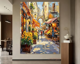 European Street Oil Painting Textured Palette Knife Cityscape Art Old Town Wall Art Neutral Pastel Colorful Architecture Artwork