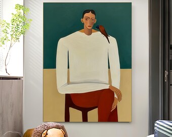 Oversize  Minimalist Abstract Figure Art, Modern Portrait Wall Art, Beige Contemporary Home Decor