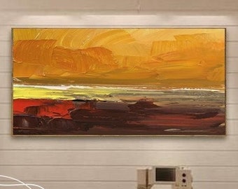Large Original Texture Painting On Canvas Modern Minimalist Abstract Living Room Decor Sunrise Acrylic Painting Yellow Sea Painting Seascape