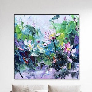 original lotus oil painting,large landscape wall art,texture wall pictures for Living room,home decor,water lilies painting on canvas,flower