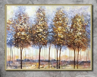 Large Golden Textured Tree Oil Painting Large Original Abstract Gold Leaf Tree Painting Forest Acrylic Knife Painting Contemporary Wall Art