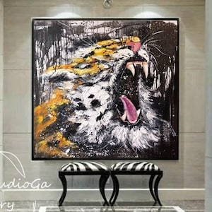大きなオリジナル虎油絵 現代アート インパスト虎絵画 パレットナイフ