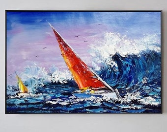 Extra Large Blue Abstract Sailing Art Blue Sea Waves Textured Wall Art Large Abstract Sailboat Painting Orange Original Seascape Wall Art