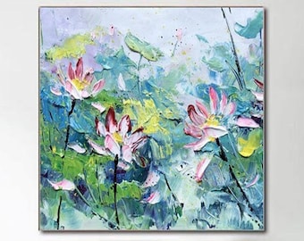 Large 3D Pink Flower Oil Painting Lotus Flower Painting Impressionist Flower Canvas Landscape Art Handmade Original Painting Wall Decor Gift