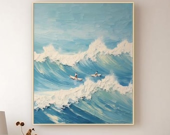Summer Beach Handmade Oil Painting Summer Seaside Oil Painting Original Sea Waves Painting Swimming Art Surfing Thick Texture Knife Painting