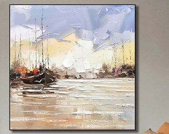 Large Sailboat Party Wall Art Modern Seascape Oil Painting For Living Room Original Sailboat Painting Vintage Boating Art Sunset Sea Art