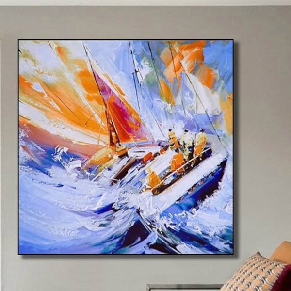 Original Boat Textured Oil Painting On Canvas Large Colorful Abstract Sailboat Painting Seascape Painting Living Room Wall Art Wave Painting