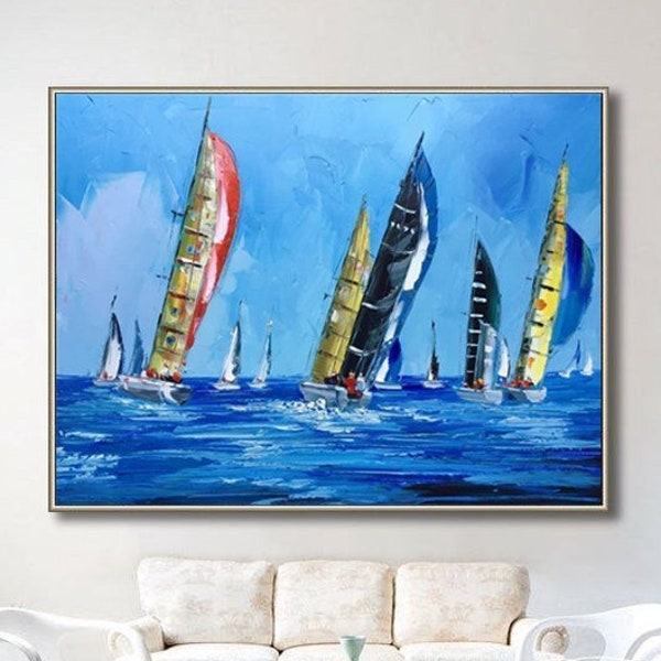 Pintura de velero grande sobre lienzo Regata de vela Arte de pared Pintura de cielo azul Arte de paisaje marino original Pintura de mar Arte de pared vertical Idea de regalo