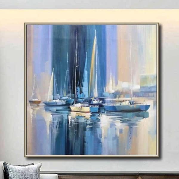 Large Abstract Sailboats Oil Painting Original Abstract Sailing Wall Art Extra Large Boating Landscape Oil Painting Blue Sailboat Painting