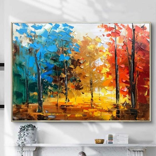 Colorful Abstract Forest Landscape Wall Decor Original Tree Landscape Wall Art Heavy Textured Impasto Painting Modern Texture Tree Painting