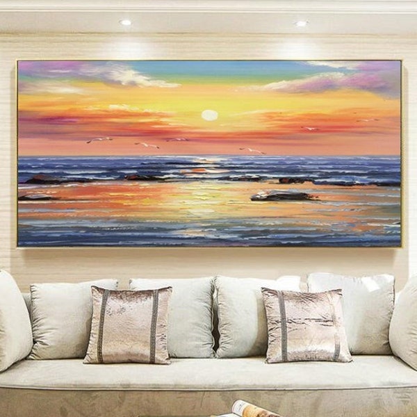 Large Colorful Sunset Painting On Canvas Oversize Sea Oil Painting Sky Clouds Wall Art Original Knife Painting Living Room Art Wave Art Gift