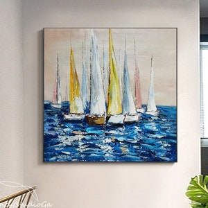 Gran fiesta en velero, pintura al óleo sobre lienzo, original, abstracta, colorida, pintura de velero, olas del mar azul, arte de pared para oficina, regalo