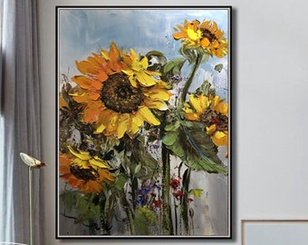 Large Sunflower Texture Oil Painting On Canvas Yellow Sunflower Wall Art Handmade Yellow Floral Landscape Wall Art Spring Decor Gift For Her
