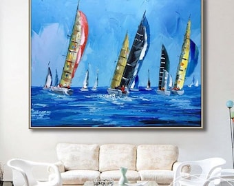 Large Sailboat Painting On Canvas Sailing Regatta Wall Art Blue Sky Painting Original Seascape Art Sea Painting Vertical Wall Art Gift Idea