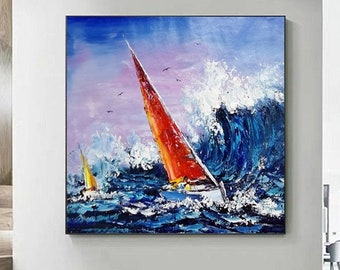 Large Abstract Sailing Boats For Living Room Blue Sea Waves Oil Painting Original Modern Sea Canvas Wall Art Contemporary Art Sea Painting