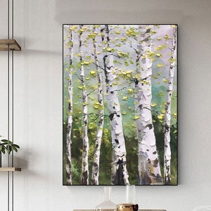 Large Silver Birch Tree Oil Painting On Canvas Original Green Birch Forest Landscape Textured Artwork Bedroom Decor Living Room Wall Art