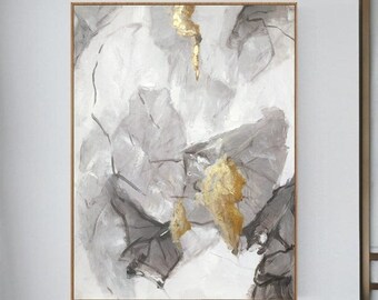 Large Abstract Gold Leaf Painting, Textured Gray & White Canvas Art