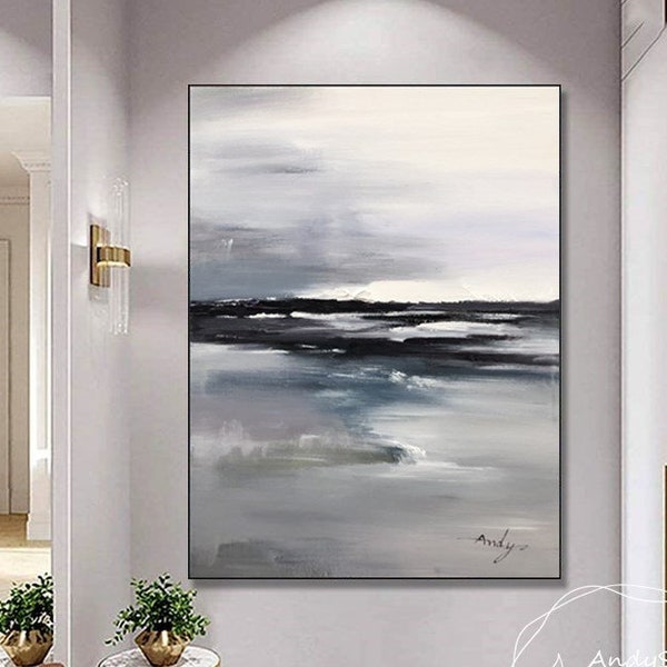 Original Sea Abstract Painting Minimalist Sea Painting Abstract Ocean Canvas Art Grey Sky Wall Art Grey Ocean Landscape Painting Seascape