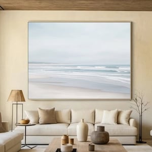 Light Blue Coast Landscape Oil Painting 3D Texture Ocean Beach Scene Wall Art Modern Living Room Simple Wall Art Large Sea Canvas Painting