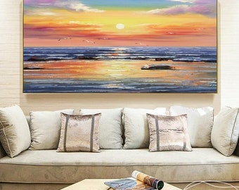Large Colorful Sunset Painting On Canvas Oversize Sea Oil Painting Sky Clouds Wall Art Original Knife Painting Living Room Art Wave Art Gift
