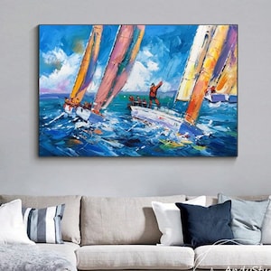 Gran obra de arte de paisaje marino, arte abstracto náutico, arte mural de California, pintura al óleo de velero, decoración de pared de paisaje marino, regalo para él, velero moderno