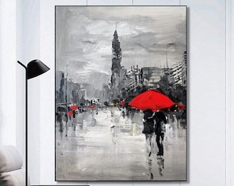 Original Urban City Landscape Oil Painting On Canvas Black Grey Urban Wall Art Impressionist Modern Wall Art Red Painting Couple In The Rain