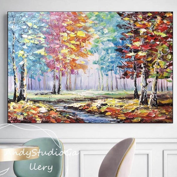 Large Original Colorful Tree Oil Painting On Canvas Knife Painting Textured Impasto Painting Forest Canvas Wall Art Modern Tree Art Gift