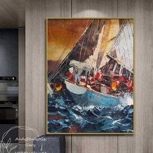 Large Sailing Painting Abstract Sailing Boat Wall Art Seascape Canvas Wall Art Original Large Abstract Ship Oil Painting Vintage Boat Art