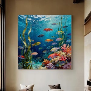 Pintura al óleo original de peces, gran lienzo abstracto de mar azul, arte de pared, pintura al óleo del mundo submarino, pintura colorida de plantas de coral, pintura de koi