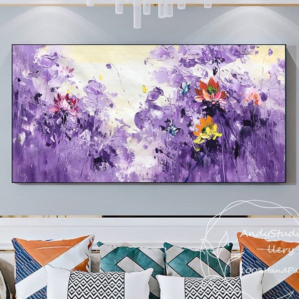 Large Lotus Landscape Canvas Art Floral Oil Painting Purple Original Flower Wall Art Palette Knife Painting Abstract Bedroom Wall Decor