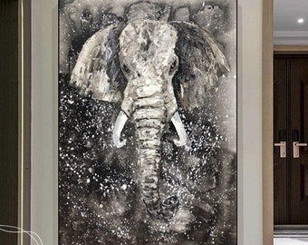 Modern Black Elephant Painting On Canvas Elephant Wall Art Large Hand Painted Elephant Painting For Living Room Animals Painting Gray Paint