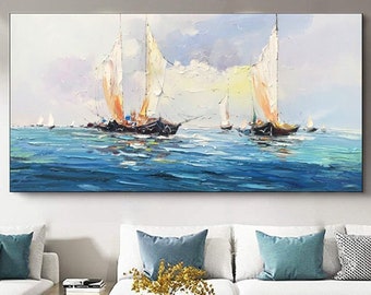 Large Original Sailboats Painting Vintage Sailing Oil Painting Large Nautical Sailboat Wall Art Blue Abstract Sea Painting Ocean Texture Art