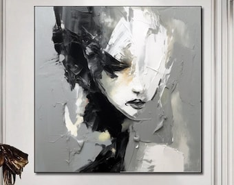 Gran retrato sin rostro, pintura abstracta de dama, pintura de rostro de mujer, obra de arte facial en blanco y negro, pintura 3D, arte figurativo original en lienzo