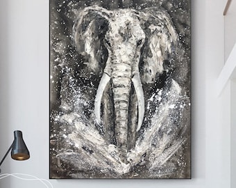Elephant Original Painting On Canvas Wild Black And White African Elephant Painting Large Elephant Art Animal Painting Elephant Decor Gift