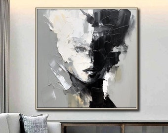 Original abstracto blanco y negro cara retrato pintura al óleo mujer retrato obra de arte negro blanco hecho a mano pintura texturizada oficina arte de la pared