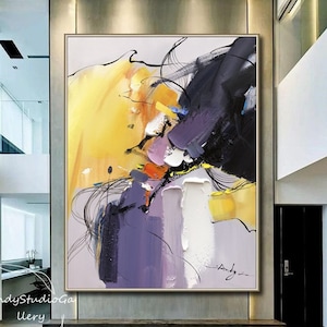 Original Hand Painted Extra Large Abstract Painting Large Purple Abstract Canvas Painting Original Modern Yellow Abstract Textured Wall Art