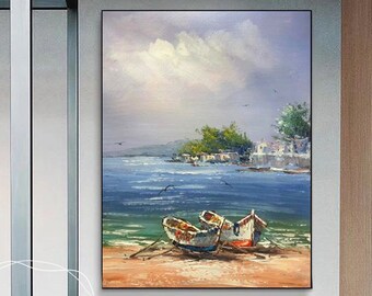 Ocean Landscape Modern Wall Art On Canvas Boat Painting Large Sky And Sea Wall Art Original Texture Acrylic Painting Home Decor Seascape Art