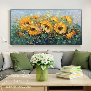 Large Original Sunflower Oil On Canvas Blooming Yellow Flower Landscape Wall Art Heavy Textured Knife Painting Spring Home Wall Decor Gift