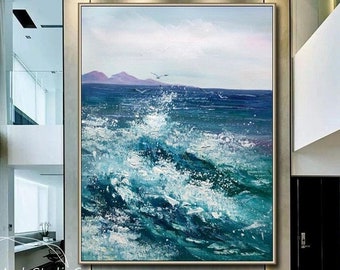 Original Sea Wave Textured Oil Painting Large Sky And Sea Painting Navy Blue Waves Landscape Wall Art Blue Abstract Ocean Painting Gift Art