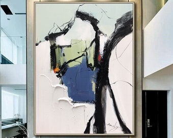 Large Abstract Textured Painting, Navy Blue Minimalist Wall Art