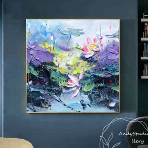 Water lilies oil paintings on canvas lotus oil painting large wall art home decor modern floral oil painting purple pink original flower art