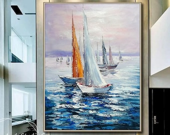 抽象的な船の油絵 オリジナル 大きな帆船 壁アート 帆船 抽象画