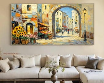 Textured Cityscape Painting, Beige Palette Knife Impasto Canvas, European Alleyway Art